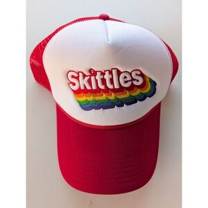 Skittles Rainbow Logo Trucker Cap Red White Mesh Snapback Hat Adult OSFA